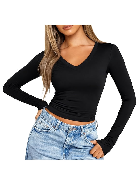 Women 2026 Tops, Womens Tops Long Sleeve T Shirts 2026 Fall Trendy Deep V Neck Slim Fit Basic Crop Casual Going Out Top Black S
