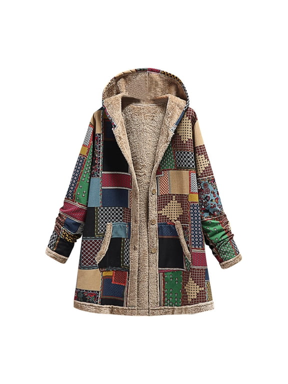 Women 2026 Winter Coat Vintage Boho Coat Warm Fleece Patchwork Jacket Button Up Long Sleeve Hooded Coat with Pocket