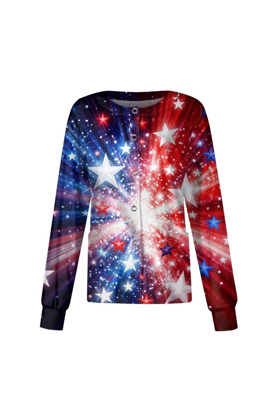 Women 250 Anniversary Scrub Shirt American Flag Print 1776-2026 Patriotic Star V Neck T Shirts Long Sleeve Classic Fit Casual Nursing Uniforms with Pockets, #01 Watermelon Red, L