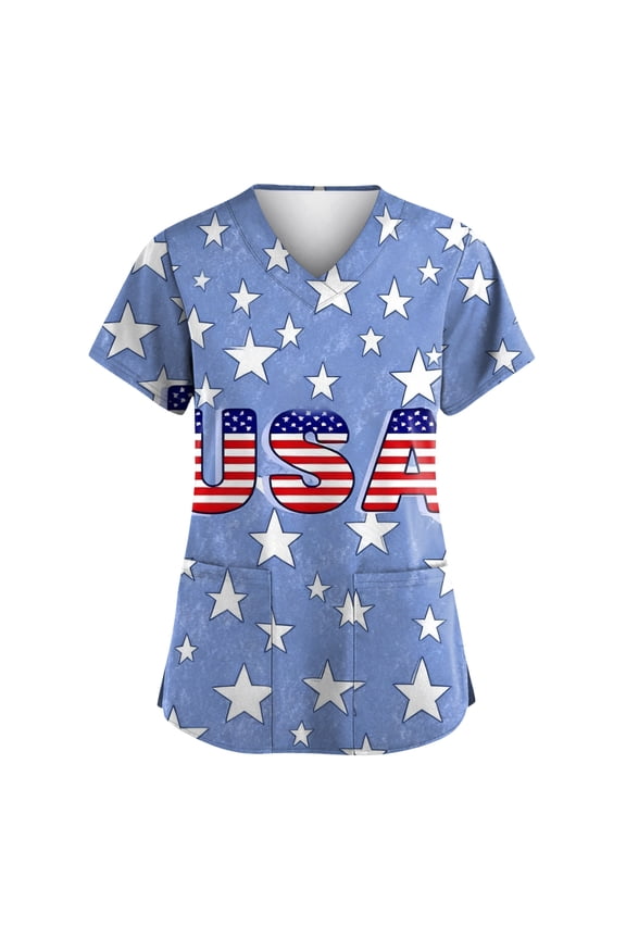 Women 250 Anniversary Usa Scrub Shirt American Flag Print Independence Day Patriotic Star Short Sleeve Tshirt V Neck Relaxed Fit Casual Nursing Uniforms with Pockets, #01 Sky Blue, M