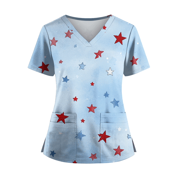 Women 250 Anniversary Usa Scrub Shirt Usa Flag Print Independence Day Patriotic Star Short Sleeve Tshirt V Neck Regular Fit Quick Dry Nursing Uniforms with Pockets, #01 Light Blue, 4XL