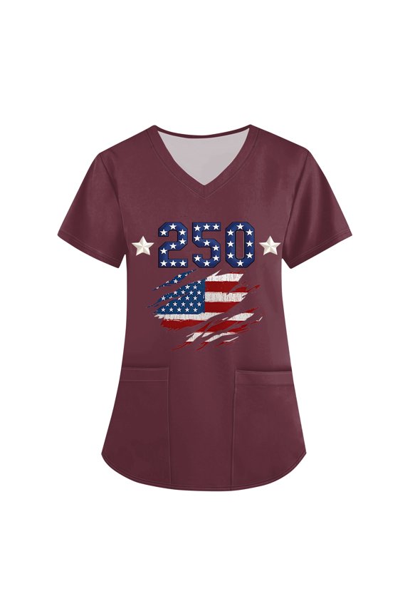 Women 250 Anniversary Usa Scrub Shirt Usa Flag Print Patriotic Star Short Sleeve T Shirts V Neck Lightweight Classic Fit Summer Tshirt with Pockets, #01 Red, XL