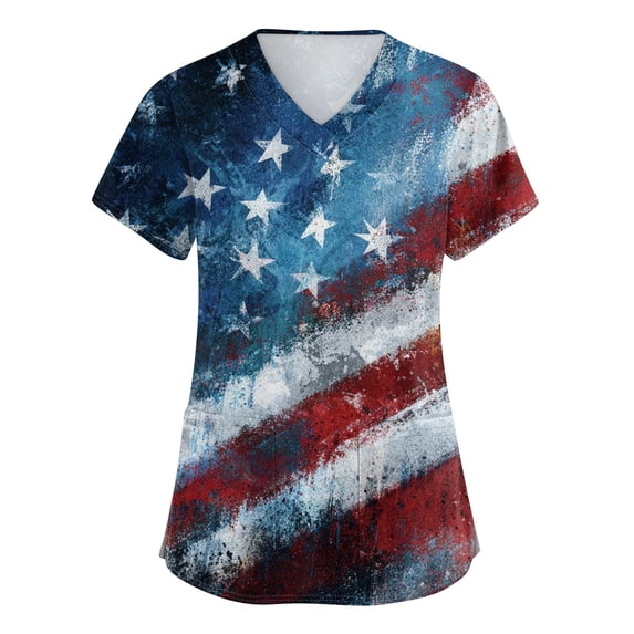Women 250th Anniversary Scrub Tops American Flag Print 4th Of July Patriotic Star Short Sleeve T Shirts V Neck Relaxed Fit Breathable Nursing Uniforms with Pockets, #01 Sky Blue, XL