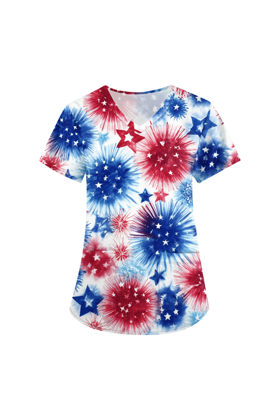 Women 250th Anniversary Scrub Tops Usa Flag Print Fourth Of July Patriotic Star Short Sleeve Shirts V Neck Classic Fit Summer Nursing Uniforms with Pockets, #01 Sky Blue, L