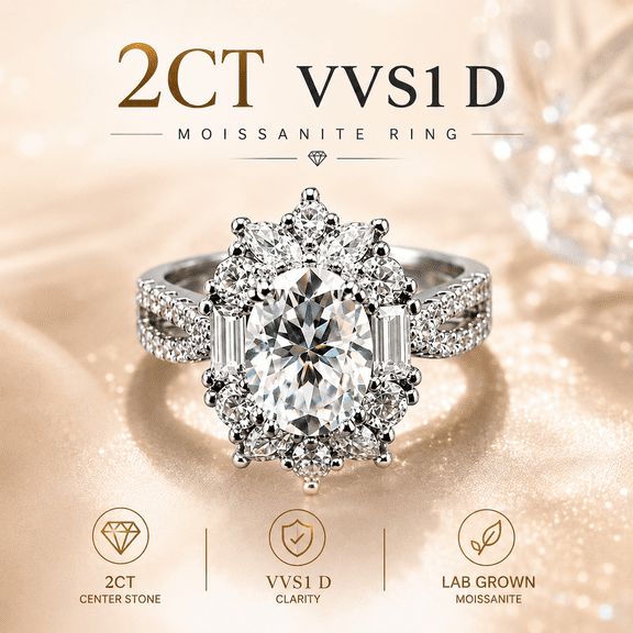 Women 2CT Oval Moissanite Halo Ring, VVS1 D Color Lab Created Moissanite, 925 Silver Adjustable Stackable Statement Ring, Wedding Engagement Anniversary Gift Jewelry