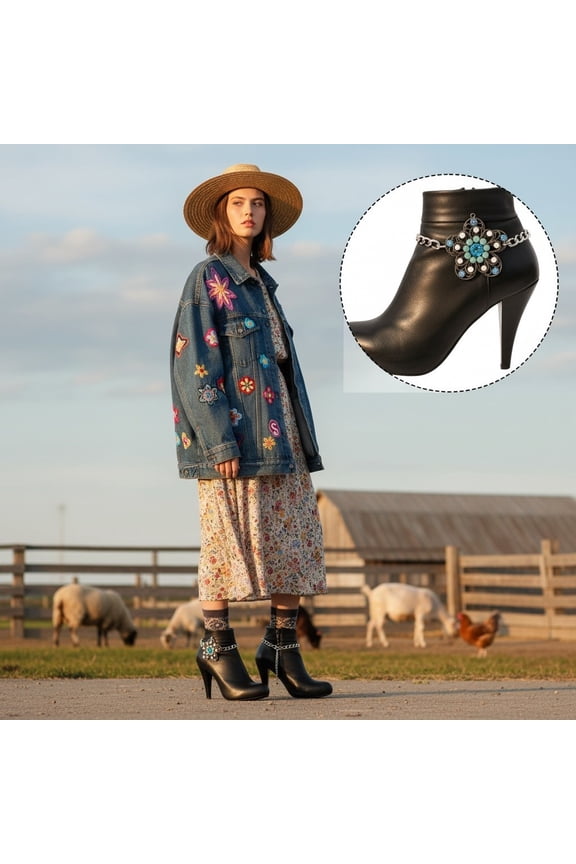 Women 2PCS Boot Chain Bracelet Anklet Set Silver Metal Western Oval Turquoise Blue Flower Charm Cowgirl Biker Rodeo Bling Fashion Jewelry BC12