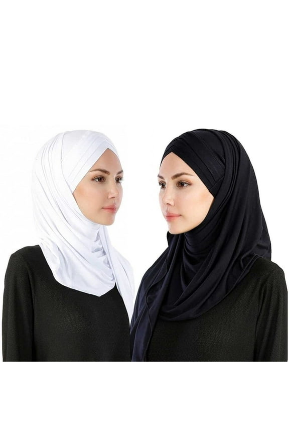 Women 2PCS Set Jersey Hijab Lightweight Soft Solid Color Hijab Shawls and Wraps Muslim Stretch Head Scarf