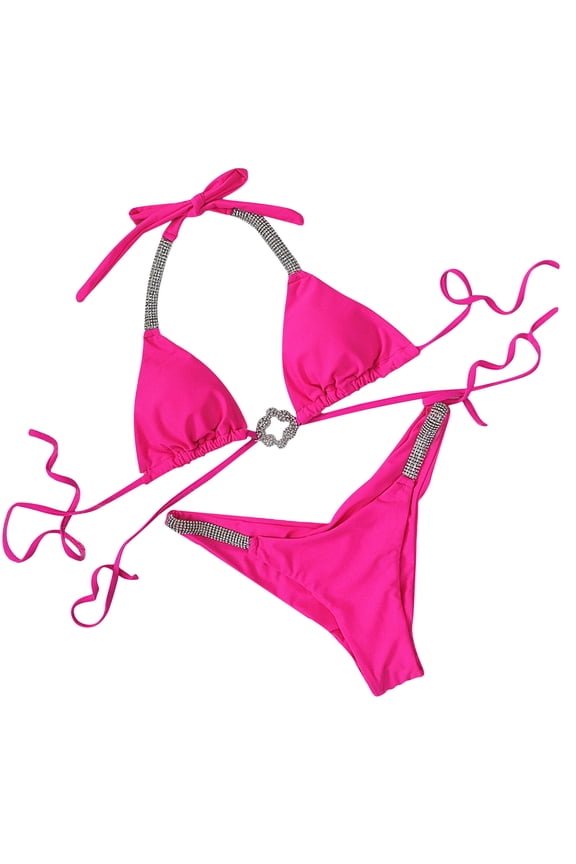 Women 2PCS Shiny Diamond Bikini Set Beachwear Sexy Bra Swimsuit Party Halter Lace Up Comfy Bathing Suit