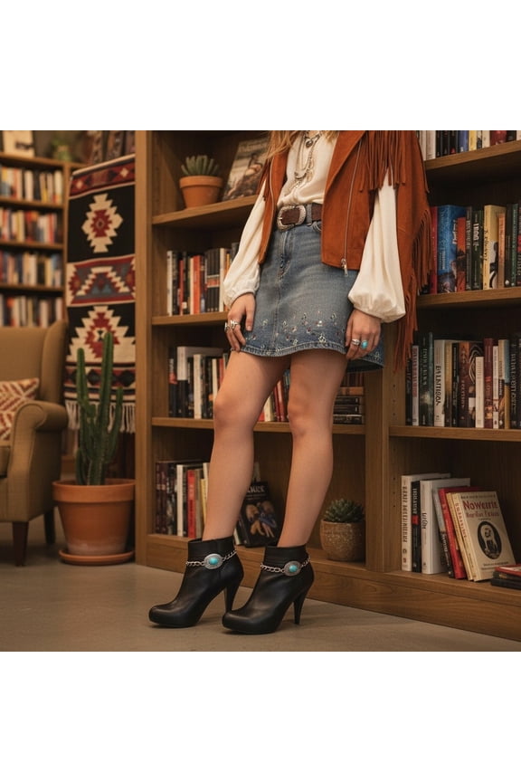 Women 2PCS Silver Boot Chain Anklet Bracelet Set with Turquoise Concho Charms - Adjustable Western Bling Shoe Jewelry - Handmade in USA BC15