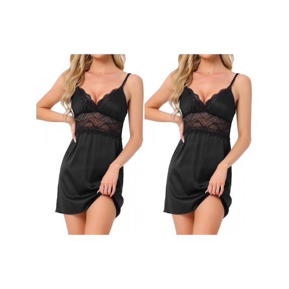 NOMADIC NOOK Women 2Pack Satin Lingerie Silky Sexy Nightgowns Lace Babydoll Slip Nightie Bridal Chemise Pajama Dress 2 Pack Black X-Small