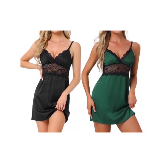 NOMADIC NOOK Women Satin Lingerie Silky Nightgowns Lace Babydoll Slip Nightie Bridal Chemise Pajama Dress Black/Green Small