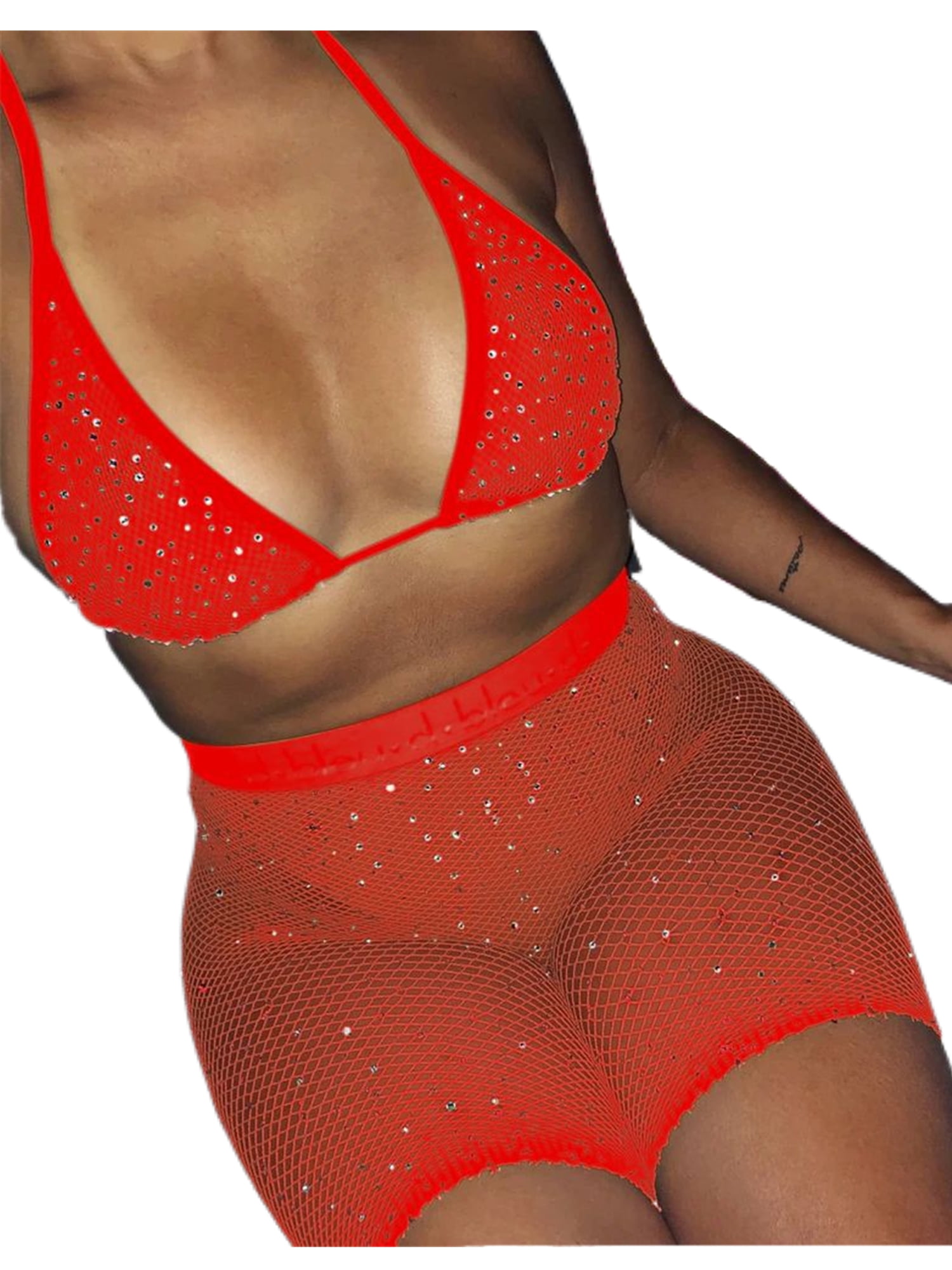 Supply Bling Rhinestones Fishnet Bra Panty Set Women Halter Bra