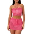 thumbnail image 1 of Women 2Pcs Crochet Knitted Skirt Set Hollowed Backless Halter Tube Top Elastic Waist Mini Skirt Beach Cover Up, 1 of 5