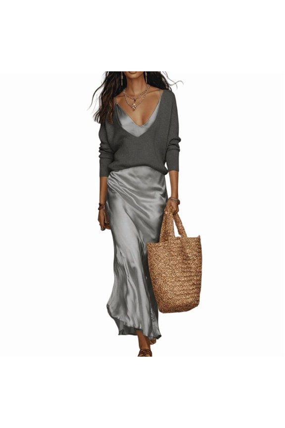Women 2Pcs Knit Sweater and Satins Slip Dress Set for Commute, Travel and Dates