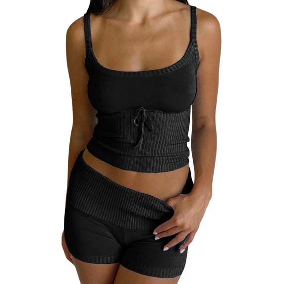 Women 2Pcs Knitted Outfits Set Sleeveless Solid Color Knitwear Crop Top Cami Top High Waist Skinny Shorts Set