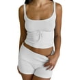 thumbnail image 1 of Women 2Pcs Knitted Outfits Set Sleeveless Solid Color Knitwear Crop Top Cami Top High Waist Skinny Shorts Set, 1 of 5