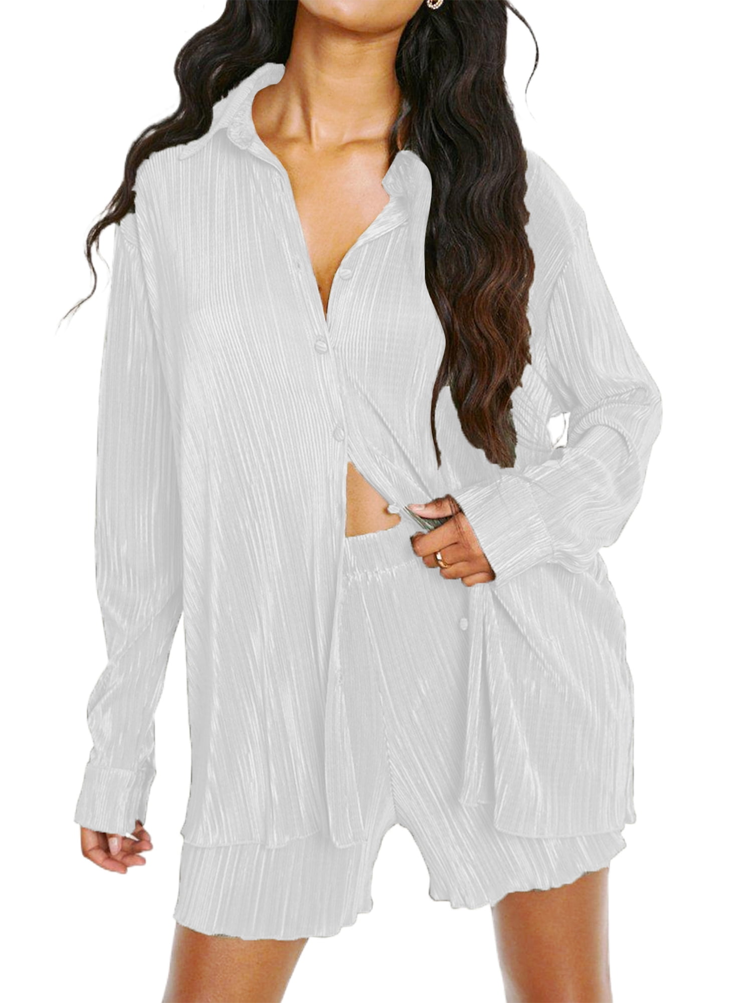 Women 2Pcs Pants Set Ruched Long Sleeve Button Down Shirts Shorts