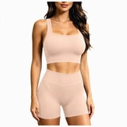 Women 2Piece Activewear Workout Yoga Set Long Sleeve Crop Top And High Waist Leggings Gym Outfit Yoga Shorts Sets Khaki ,XL
