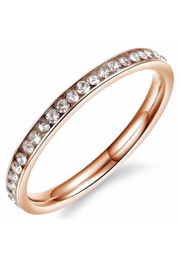 Women 2mm Wide Titanium Stainless Steel Channel with CZ Inlay Rose Gold Wedding Ring Engagement Band