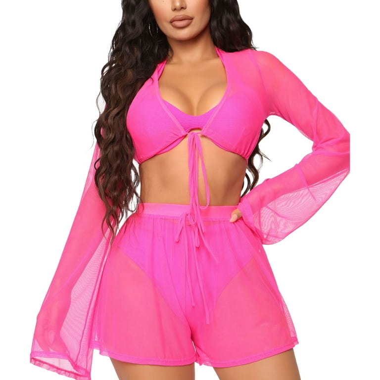 Women 2pcs Mesh Sheer Long Sleeves Crop Tops Swim Shorts Cover - Main Image