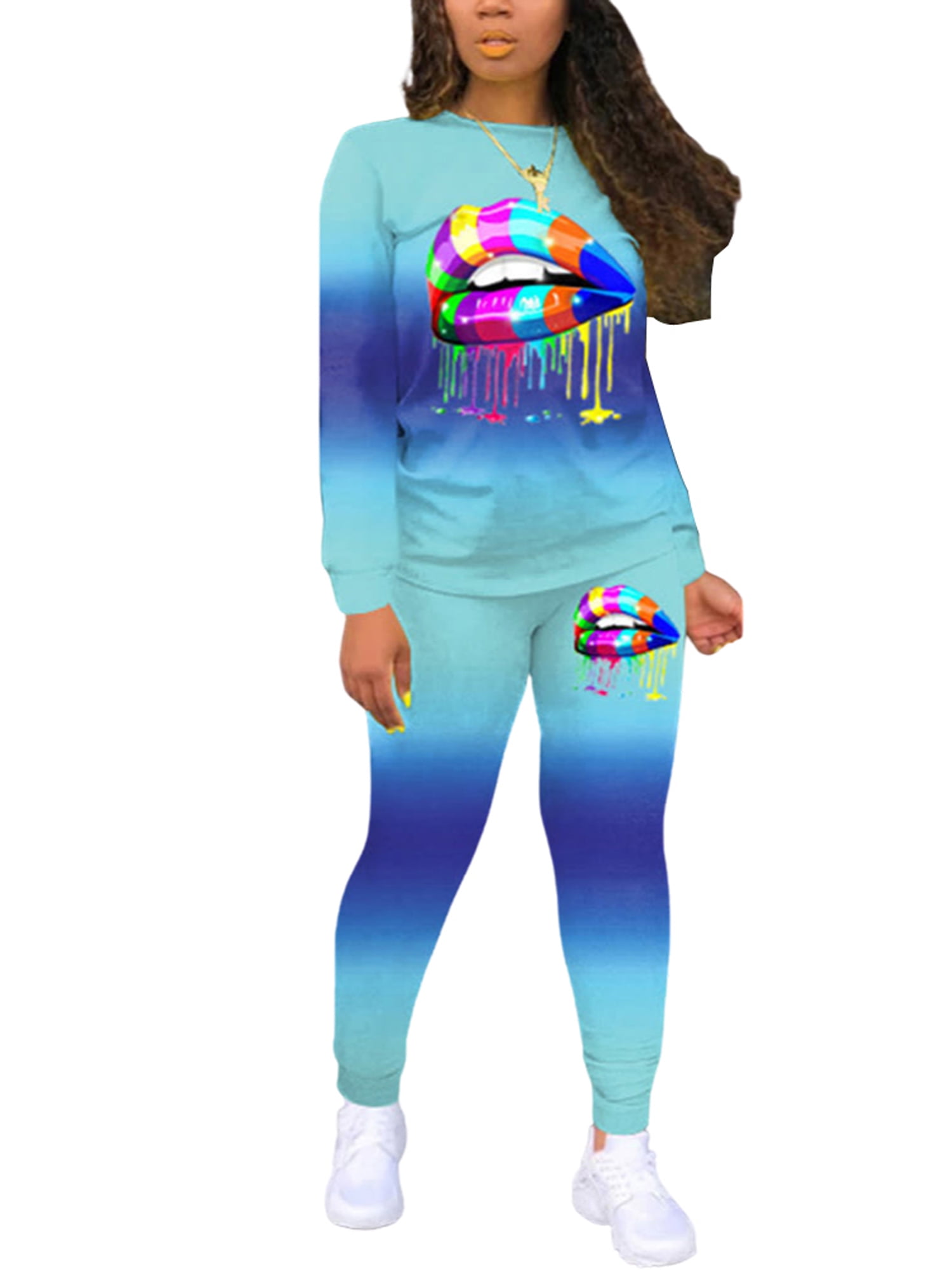 Women 2pcs Outfits Tie Dye Lip Bodycon Tracksuit Long Sleeve T Shirts