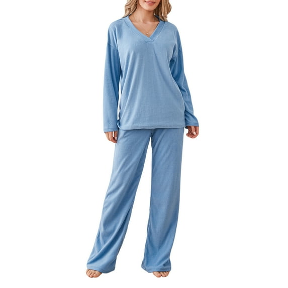 Women 2pcs Pajamas Set Loose Long Sleeve Pullover Shirt and Casual Elastic Pants Sleepwear (S-XXXL)