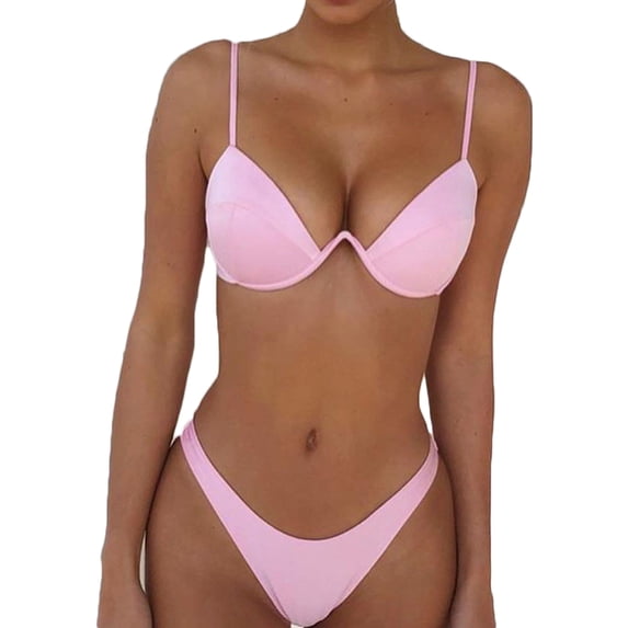 Women 2pcs Push-up Padded Bra Bandage Bikini Set Swimsuit Triangle Swimwear Bathing Pink S