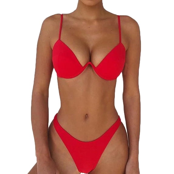 Women 2pcs Push-up Padded Bra Bandage Bikini Set Swimsuit Triangle Swimwear Bathing Red S