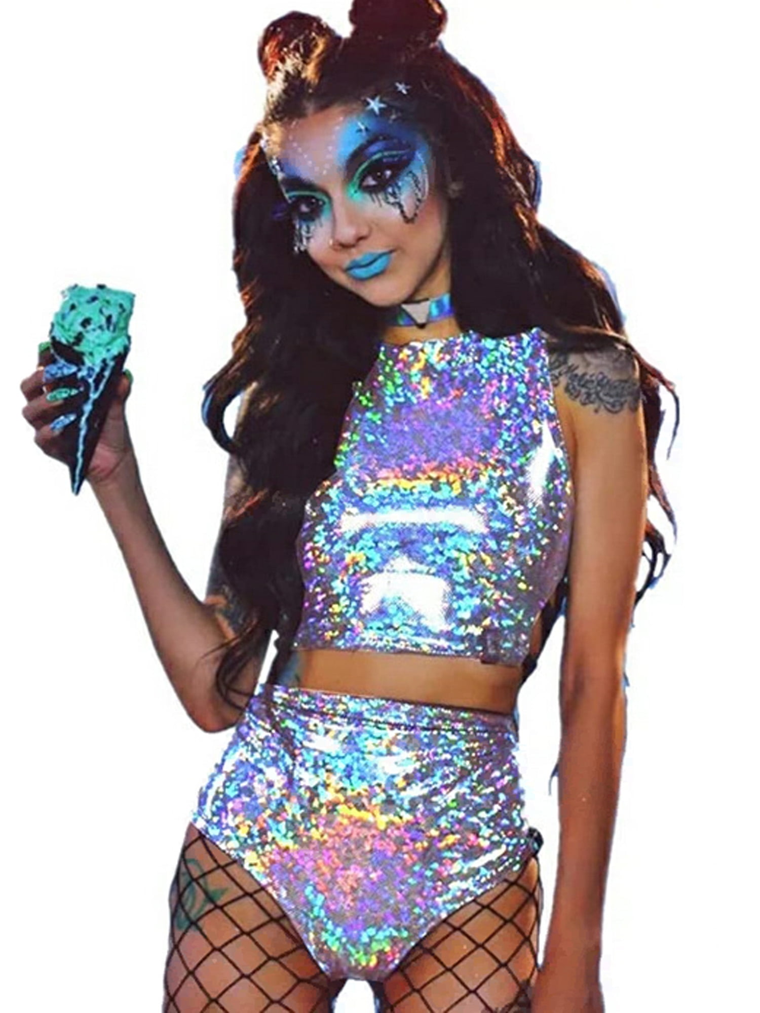 Women 2pcs Rave Outfit Holographic Hologram Metallic Bandage Crop Top Booty  Shorts Set Party Clubwear 