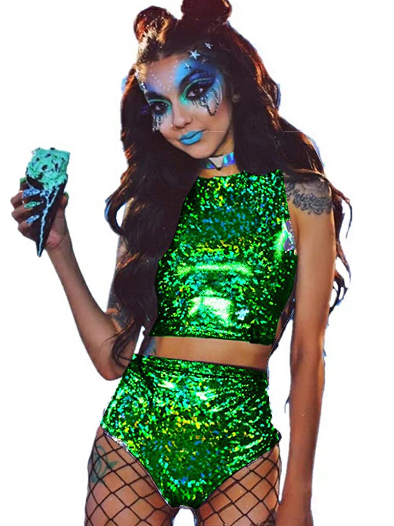 Women 2pcs Rave Outfit Holographic Hologram Metallic Bandage Crop Top Booty  Shorts Set Party Clubwear 