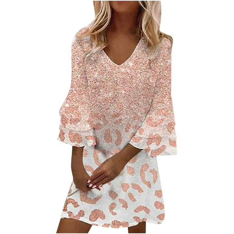 Women 3 4 Bell Sleeve Dresses Loose V Neck Marble Print Mini Dress 2024 Casual Summer Lightweight Swing Sundress
