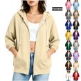 thumbnail image 1 of Women 3/4 Length Sleeve Full Zip Up Hoodies Workout Jackets Sweatshirts | Soft, Warm, Hooded, 2 Pockets, Relaxed Fit, for Fall, Winter, Sports, Daily Outings Beige S, 1 of 6
