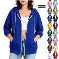 thumbnail image 1 of Women 3/4 Length Sleeve Full Zip Up Hoodies Workout Jackets Sweatshirts | Soft, Warm, Hooded, 2 Pockets, Relaxed Fit, for Fall, Winter, Sports, Daily Outings Blue L, 1 of 6