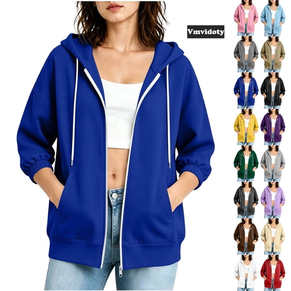 Women 3/4 Length Sleeve Full Zip Up Hoodies Workout Jackets Sweatshirts | Soft, Warm, Hooded, 2 Pockets, Relaxed Fit, for Fall, Winter, Sports, Daily Outings Blue L