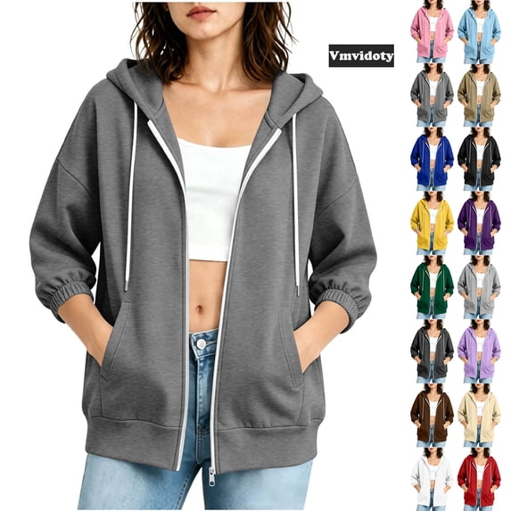 Women 3/4 Length Sleeve Full Zip Up Hoodies Workout Jackets Sweatshirts | Soft, Warm, Hooded, 2 Pockets, Relaxed Fit, for Fall, Winter, Sports, Daily Outings Gray L