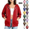 thumbnail image 1 of Women 3/4 Length Sleeve Full Zip Up Hoodies Workout Jackets Sweatshirts | Soft, Warm, Hooded, 2 Pockets, Relaxed Fit, for Fall, Winter, Sports, Daily Outings Red XL, 1 of 6