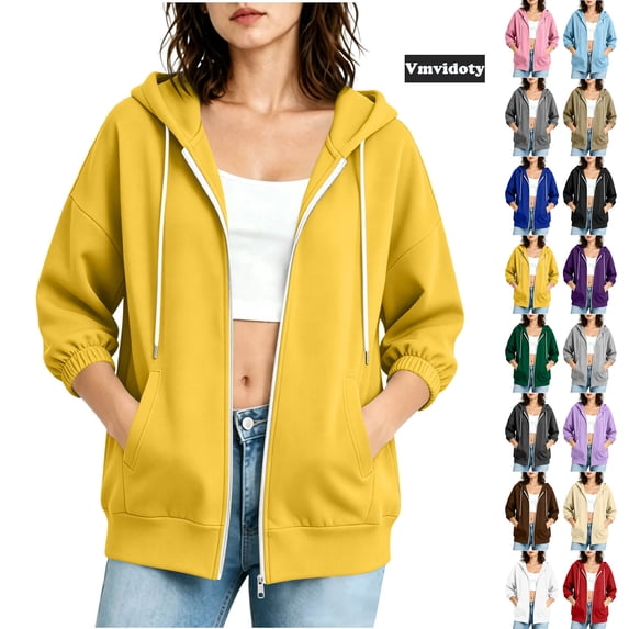 Women 3/4 Length Sleeve Full Zip Up Hoodies Workout Jackets Sweatshirts | Soft, Warm, Hooded, 2 Pockets, Relaxed Fit, for Fall, Winter, Sports, Daily Outings Yellow XL
