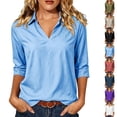 thumbnail image 1 of Women 3/4 Length Sleeve Shirts Lapel V Neck Solid Color Summer Tops Soft Cotton Casual Loose Fit T-Shirts (XL, Sky Blue), 1 of 8