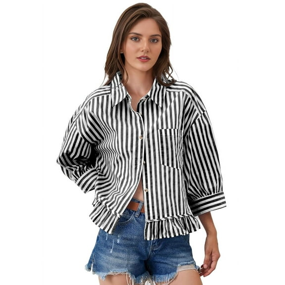 Women 3/4 Length Sleeve Striped Button Down Shirt Loose Fit Drop Shoulder Trendy Ruffle Hem Striped Blouses Top