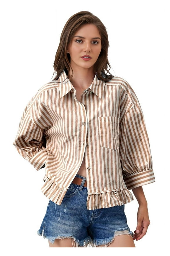 Women 3/4 Length Sleeve Striped Button Down Shirt Loose Fit Drop Shoulder Trendy Ruffle Hem Striped Blouses Top Brown M