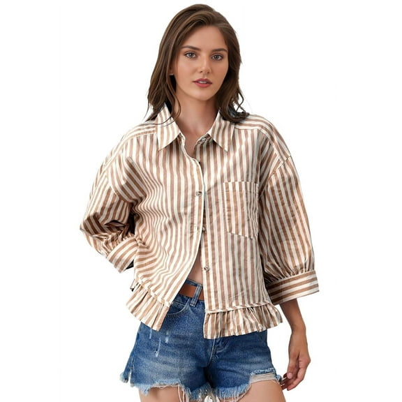 Women 3/4 Length Sleeve Striped Button Down Shirt Loose Fit Drop Shoulder Trendy Ruffle Hem Striped Blouses Top Brown M
