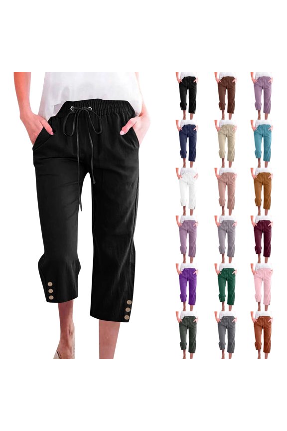 Women 3/4 Length Wide Leg Capris Pants Casual Comfy Drawstring Elastic Waist Pants with Side Pockets, Black XL