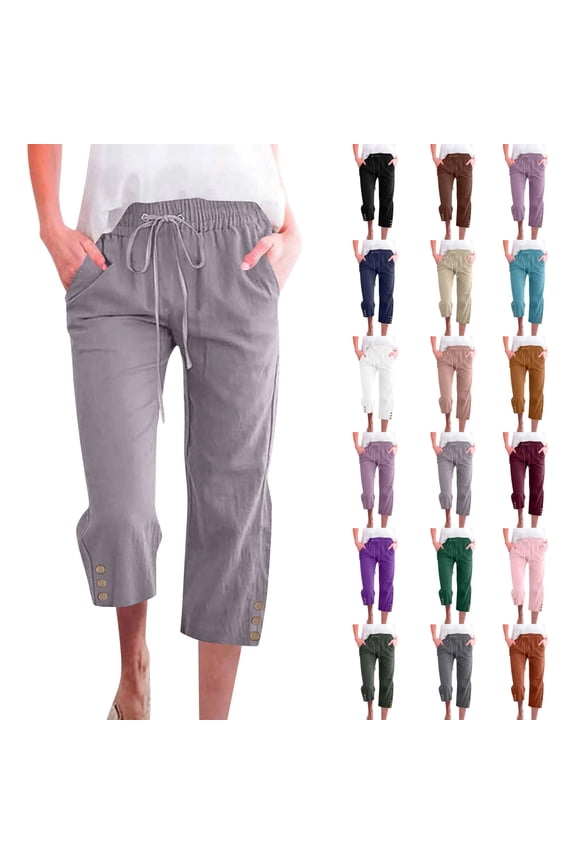 Women 3/4 Length Wide Leg Capris Pants Casual Comfy Drawstring Elastic Waist Pants with Side Pockets, Light Gray S