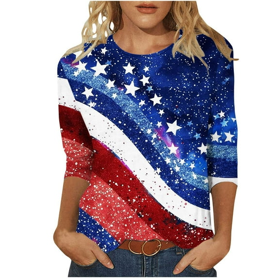 Women 3/4 Long Sleeve Shirt 4th of July Stars Printed Tee Memorial Day Gift