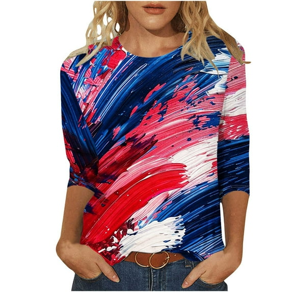 Women 3/4 Long Sleeve Shirt 4th of July Stars Printed Tee Memorial Day Gift