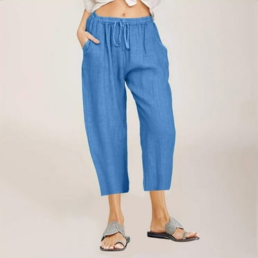 Women 3/4 Pants Dgankt Women's Solid Color Linen Cotton Casual Drawstring Elastic Waist Wide Leg Pants On Clearance