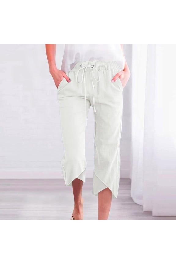 Women 3/4 Pants Loose Summer Pants Lightweight Breathable Casual Pants Comfortable Fabric Pants Casual Linen Pants Drawstring Waist Beach Pants Solid Color Straight Leg Summer Pants for Women Casual