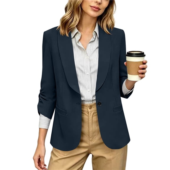 Women 3/4 Ruched Sleeve Blazer Lightweight Open Front Slim Fit Blazers Business Casual Cardigan Jacket with Pockets