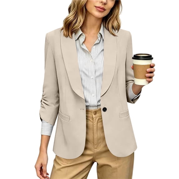 Women 3/4 Ruched Sleeve Blazer Lightweight Open Front Slim Fit Blazers Business Casual Cardigan Jacket with Pockets