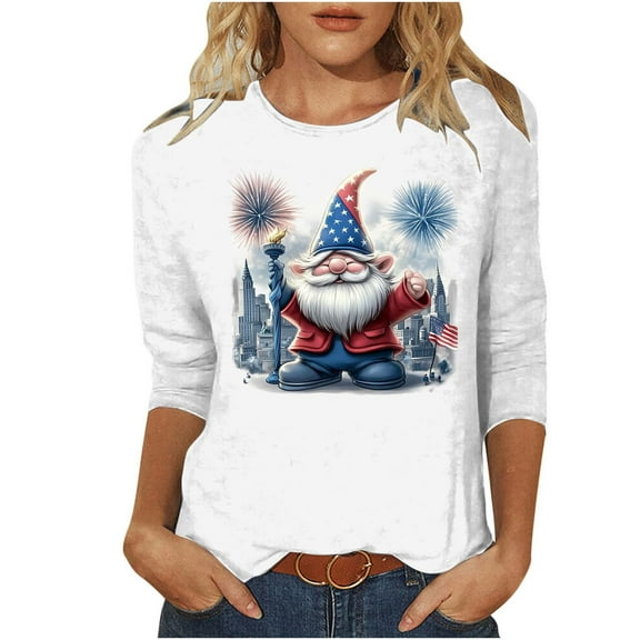 Women 3/4 Sleeve 4th of July Shirts Independence Day American Flag Graphic Tops Crewneck Cute Tunic Shirt Trendy USA Flag Stars Stripes Printed Patriotic Tees Casual Memorial Day Blouses Clothing